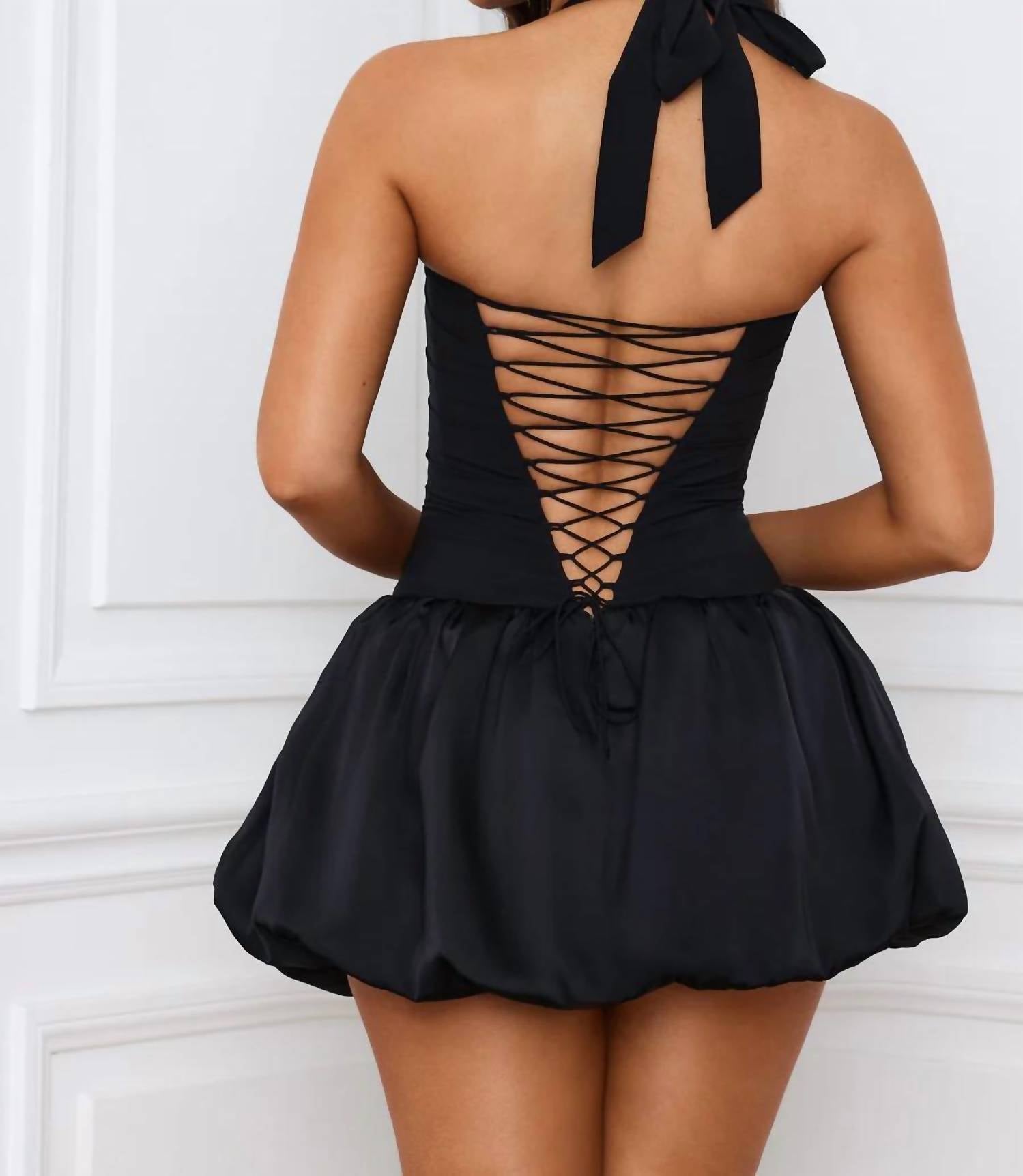 Oh Polly - Ludmila Halterneck Lace-up Bubble Hem Corset Micro Mini Dress
