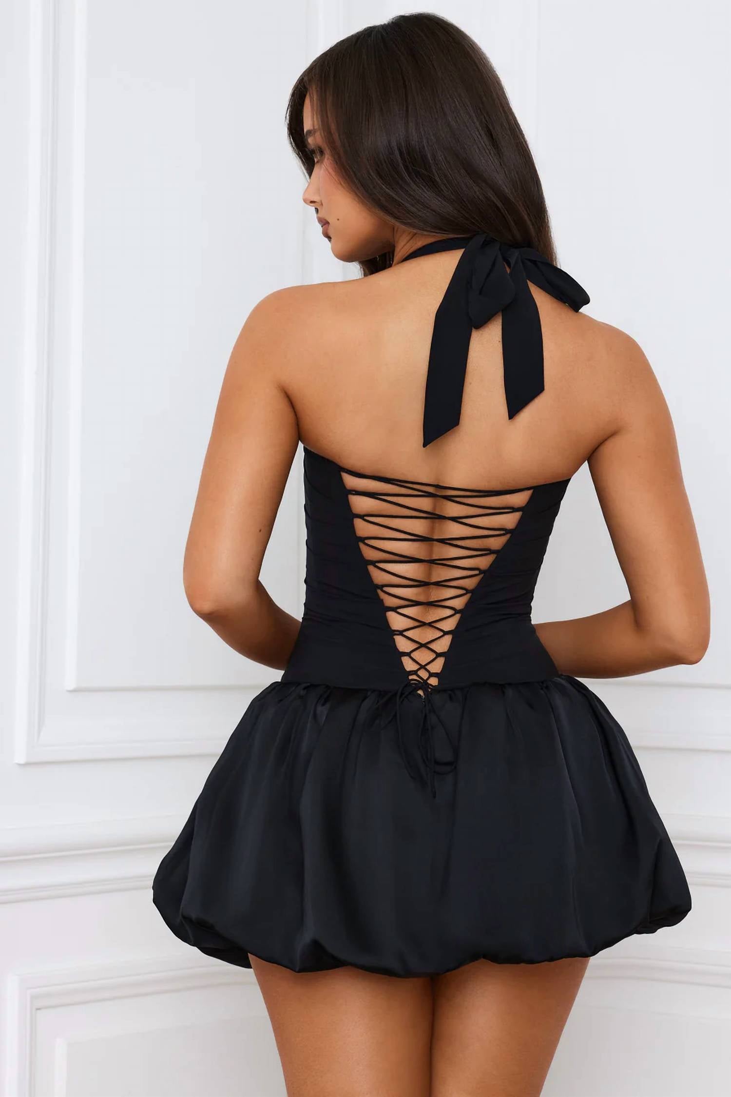 Oh Polly - Ludmila Halterneck Lace-up Bubble Hem Corset Micro Mini Dress