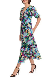 Donna Morgan - Short Sleeve Leaf Print Midi Dress