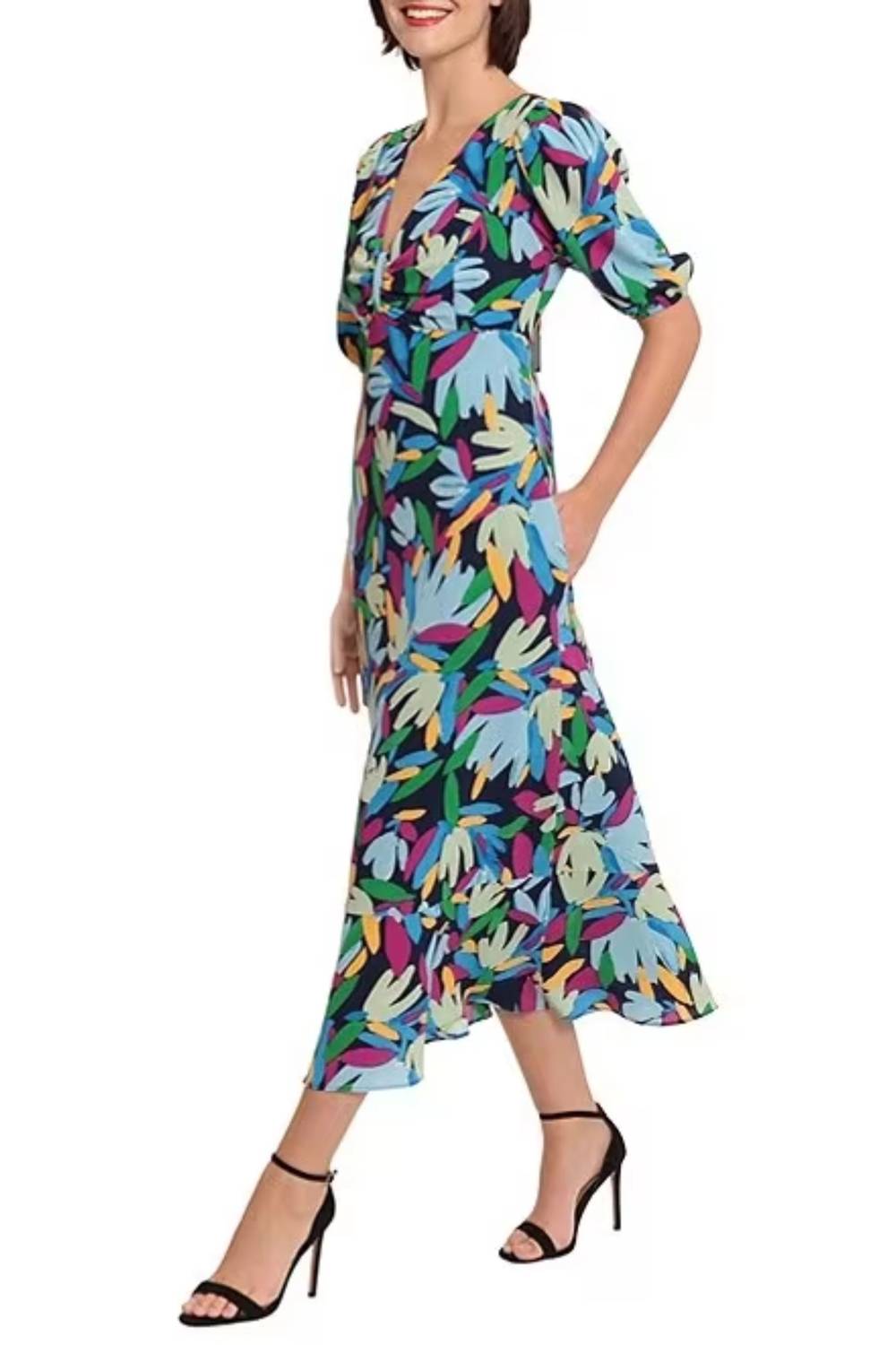 Donna Morgan - Short Sleeve Leaf Print Midi Dress