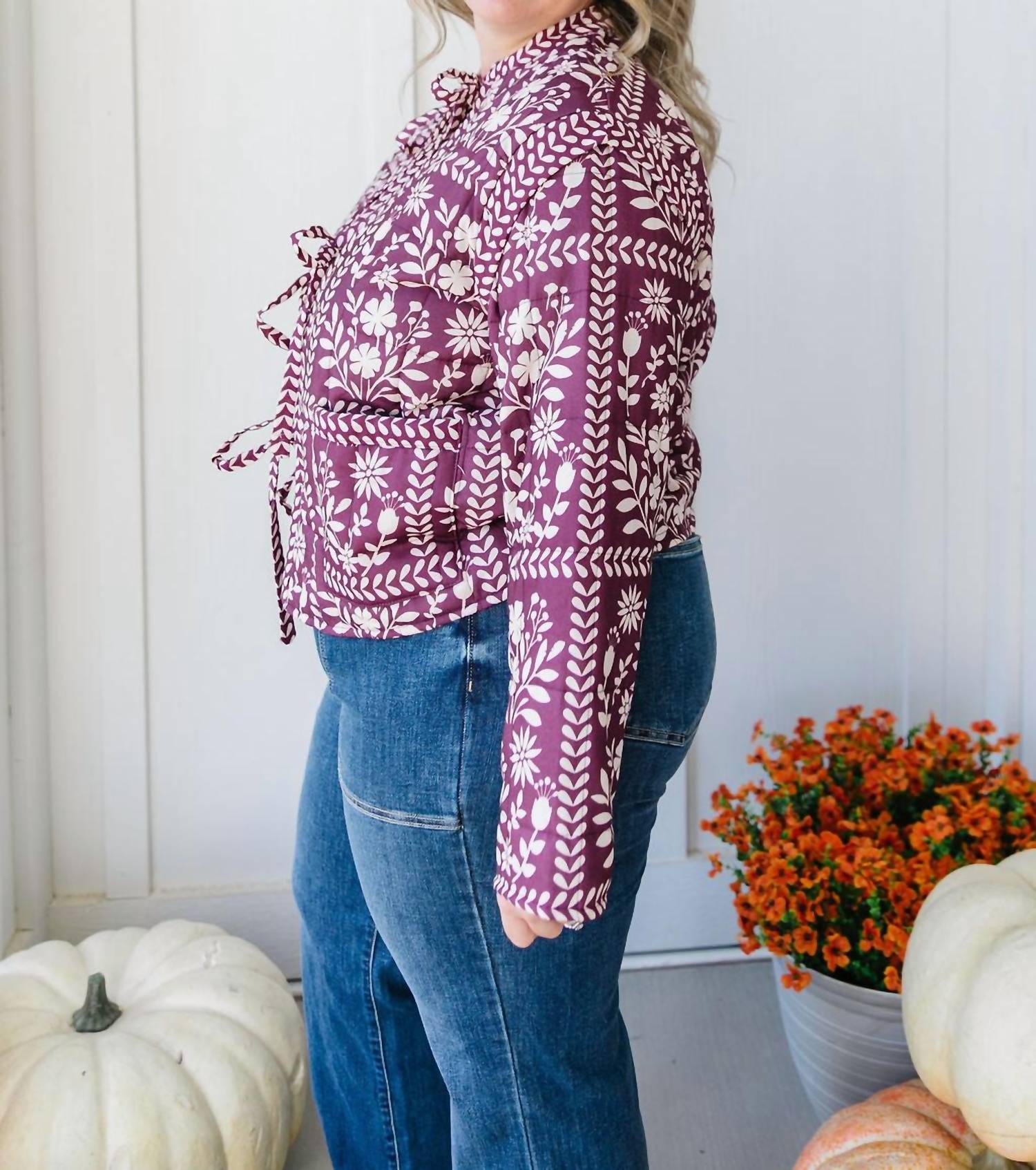 Polygram Priscilla Floral Quilted Jacket in burgundy - women's jacket - detail view