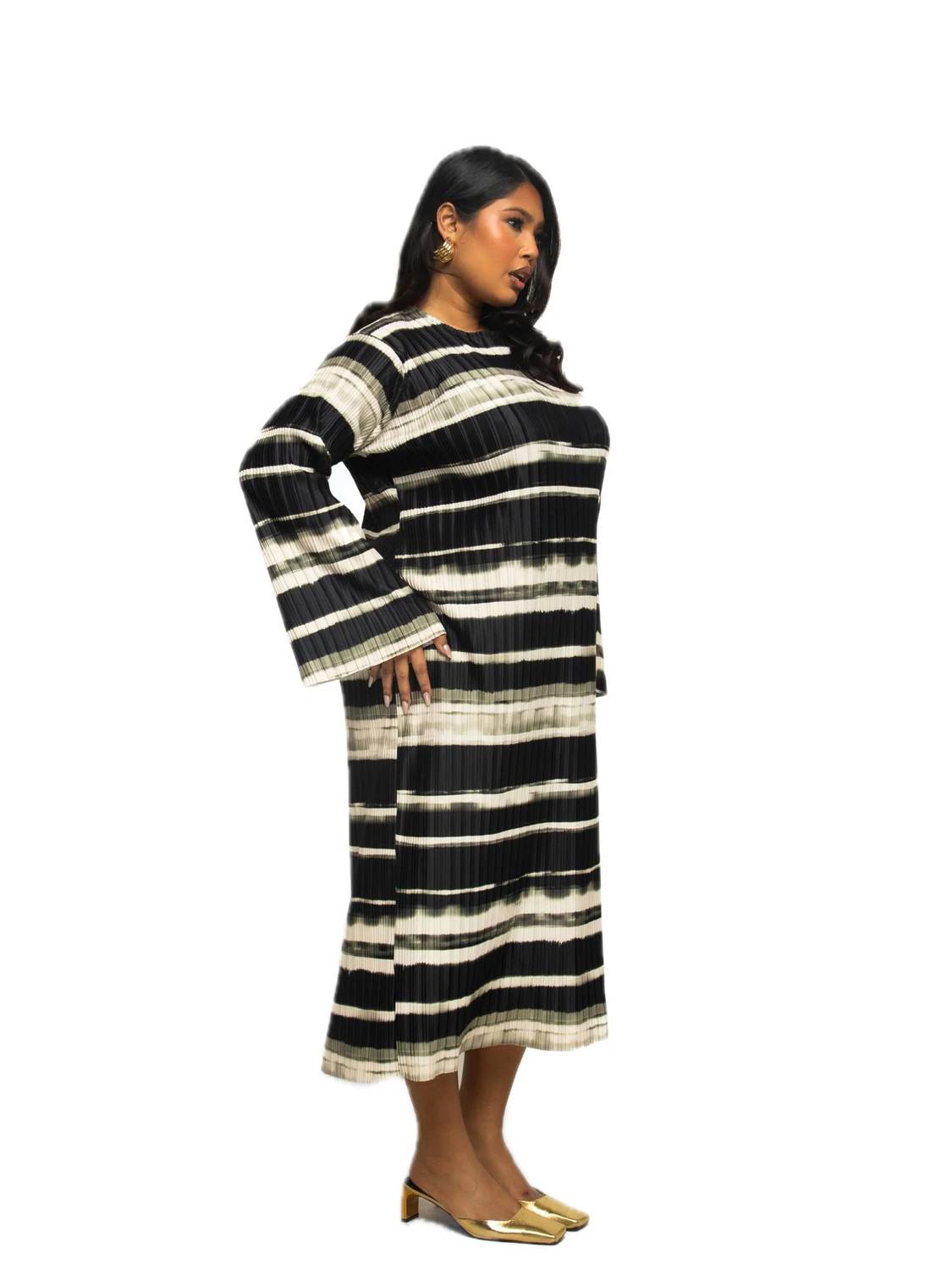 Fashion Szn Curve - Striped Plisse Long Sleeve Dress