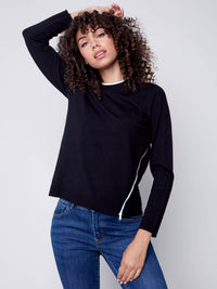 Charlie B - Crew Neck Sweater With Side Diagonal Zipper