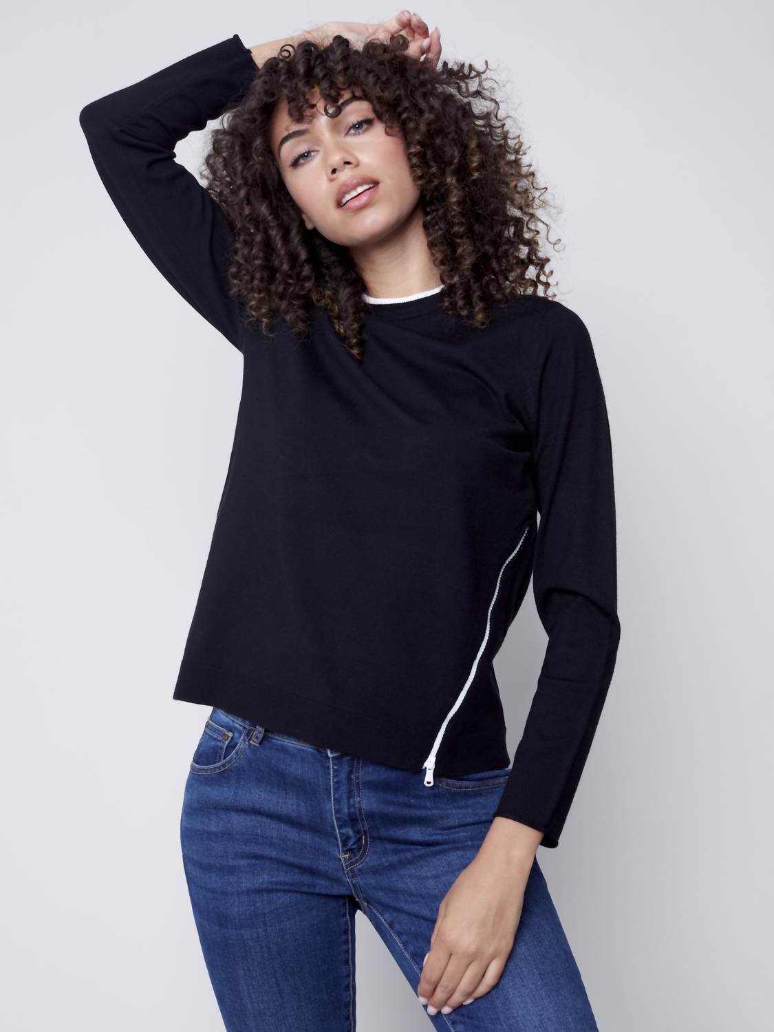 Charlie B - Crew Neck Sweater With Side Diagonal Zipper