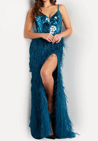 JOVANI Embellished Bodice V-neck Feather Skirt Gown in peacock - women's dress