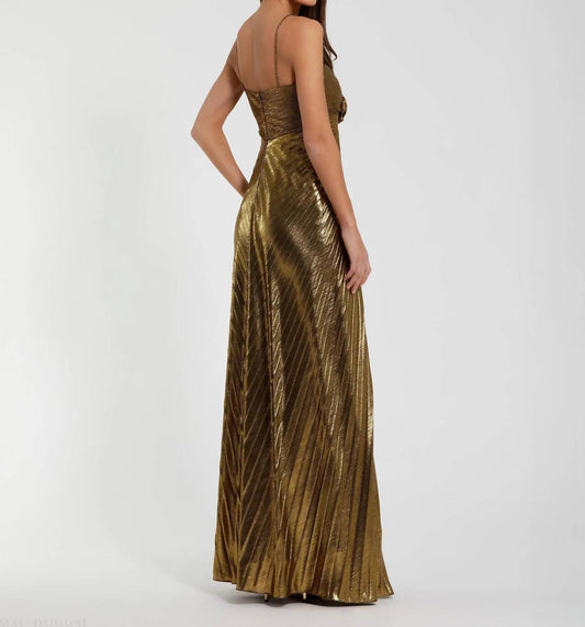 Mac Duggal - Metallic Pleated Gown with 3D Flower