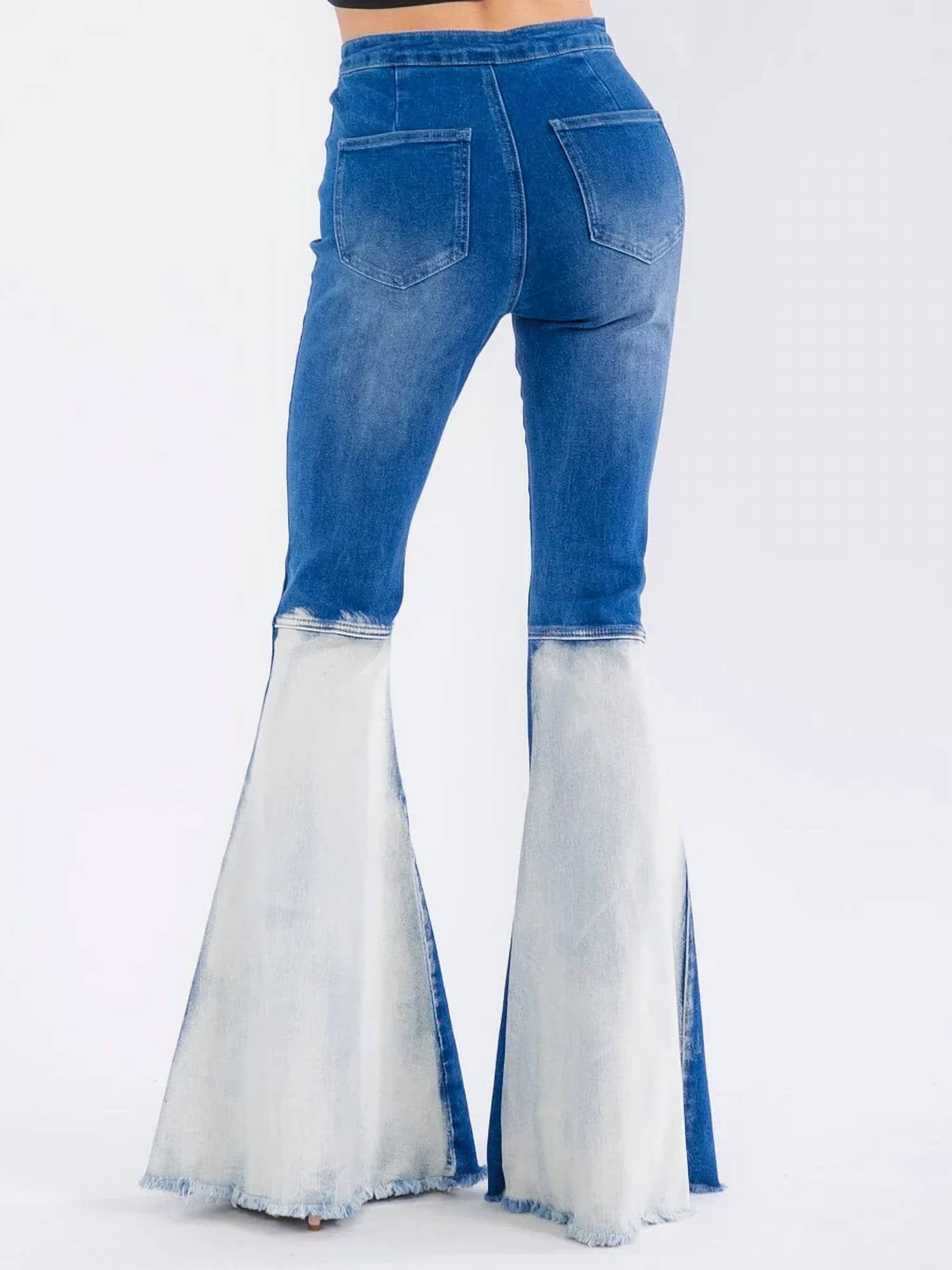 Surelymine - High Rise Two-Tone Flare Jeans with Frayed Hem