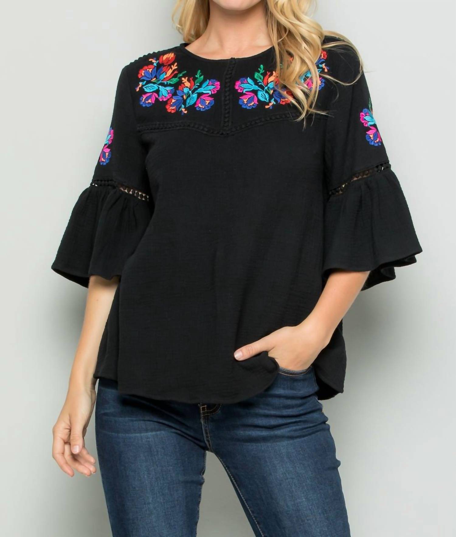 See And Be Seen - Embroidered Bell Sleeve Top