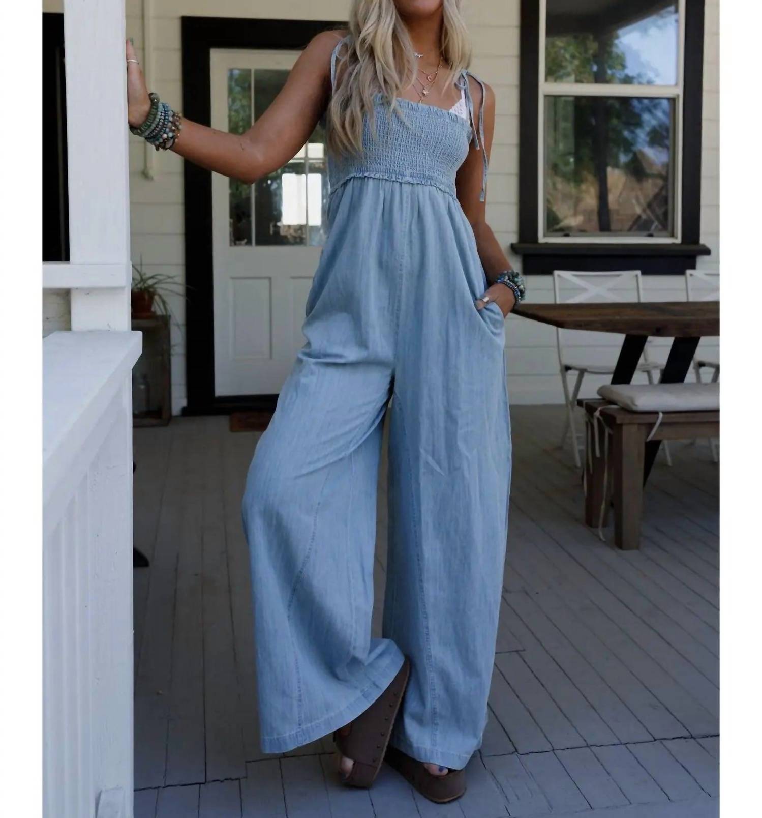 Three Bird Nest - Light Washed Smocked Cotton Jumpsuit