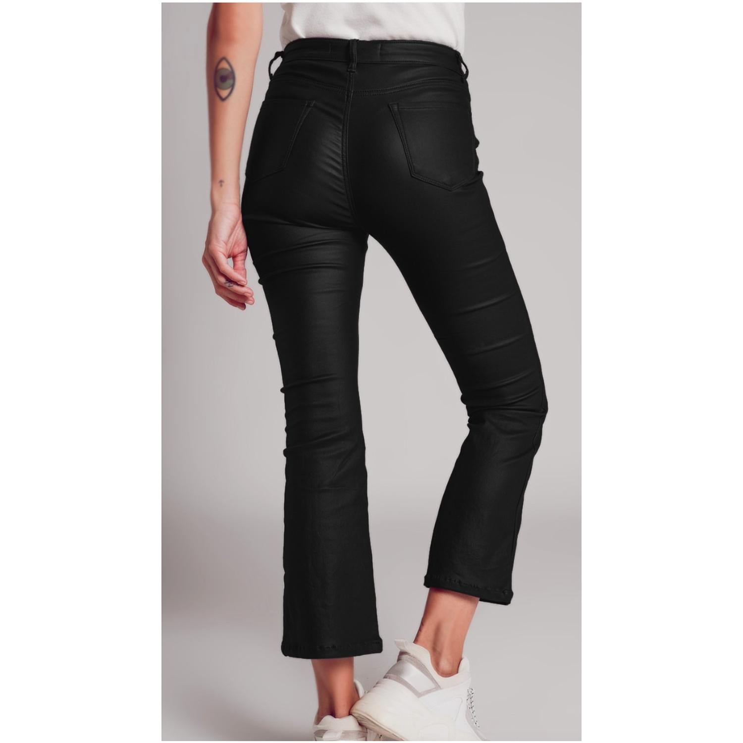 Q2 Stretch Faux Leather Flared Pants in black - women's pants - detail view