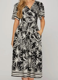 SHE + SKY Short Sleeve Border Print Midi Dress in black white - women's dress - detail view