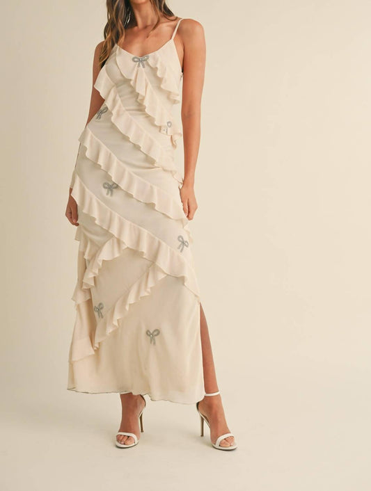 Golden - Cordi Bow Rhinestone Ruffle Maxi Dress