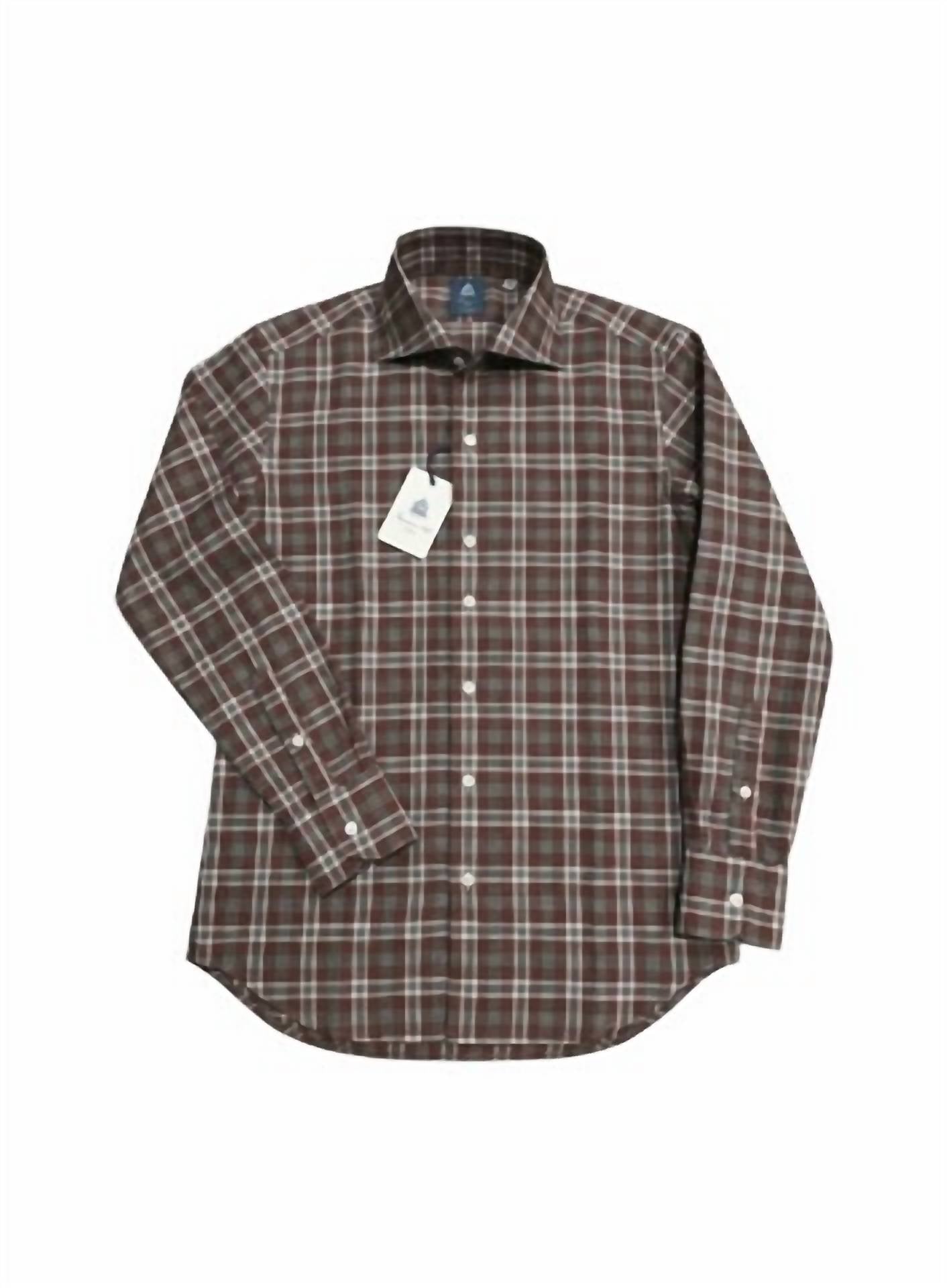 Finamore Men's Napoli Plaid Shirt in rust grey - men's shirt