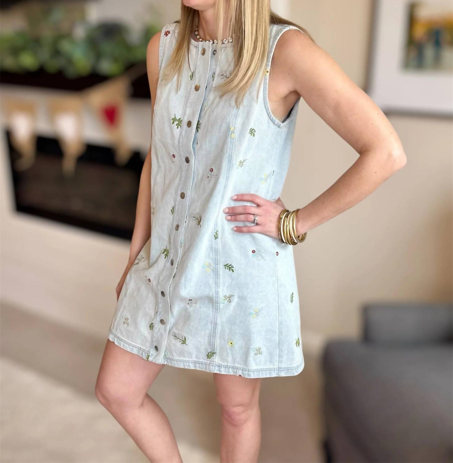 Blu Pepper - Denim Button Down Embroidered Dress