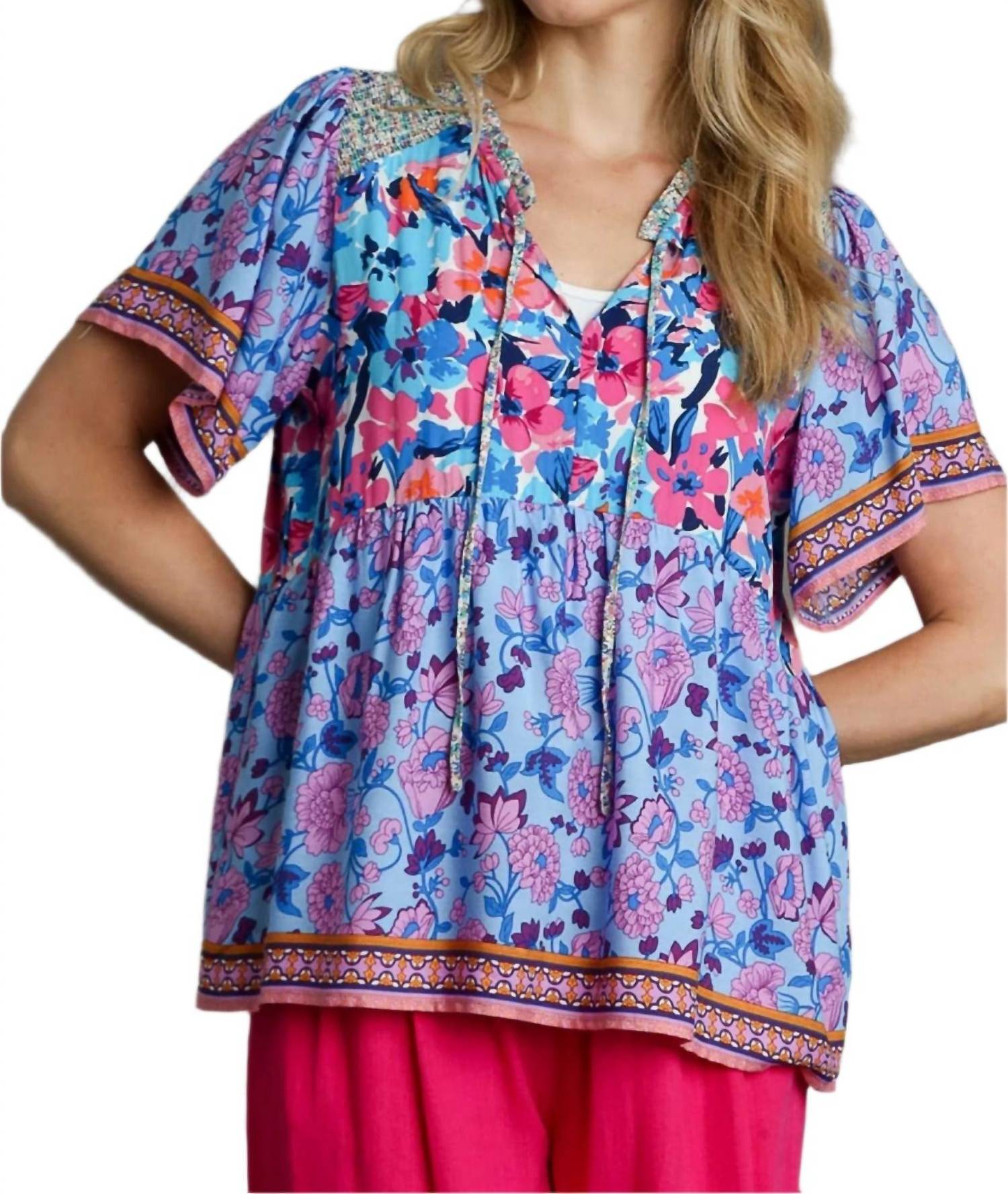 Umgee - Mixed Floral Print Bohemian Top