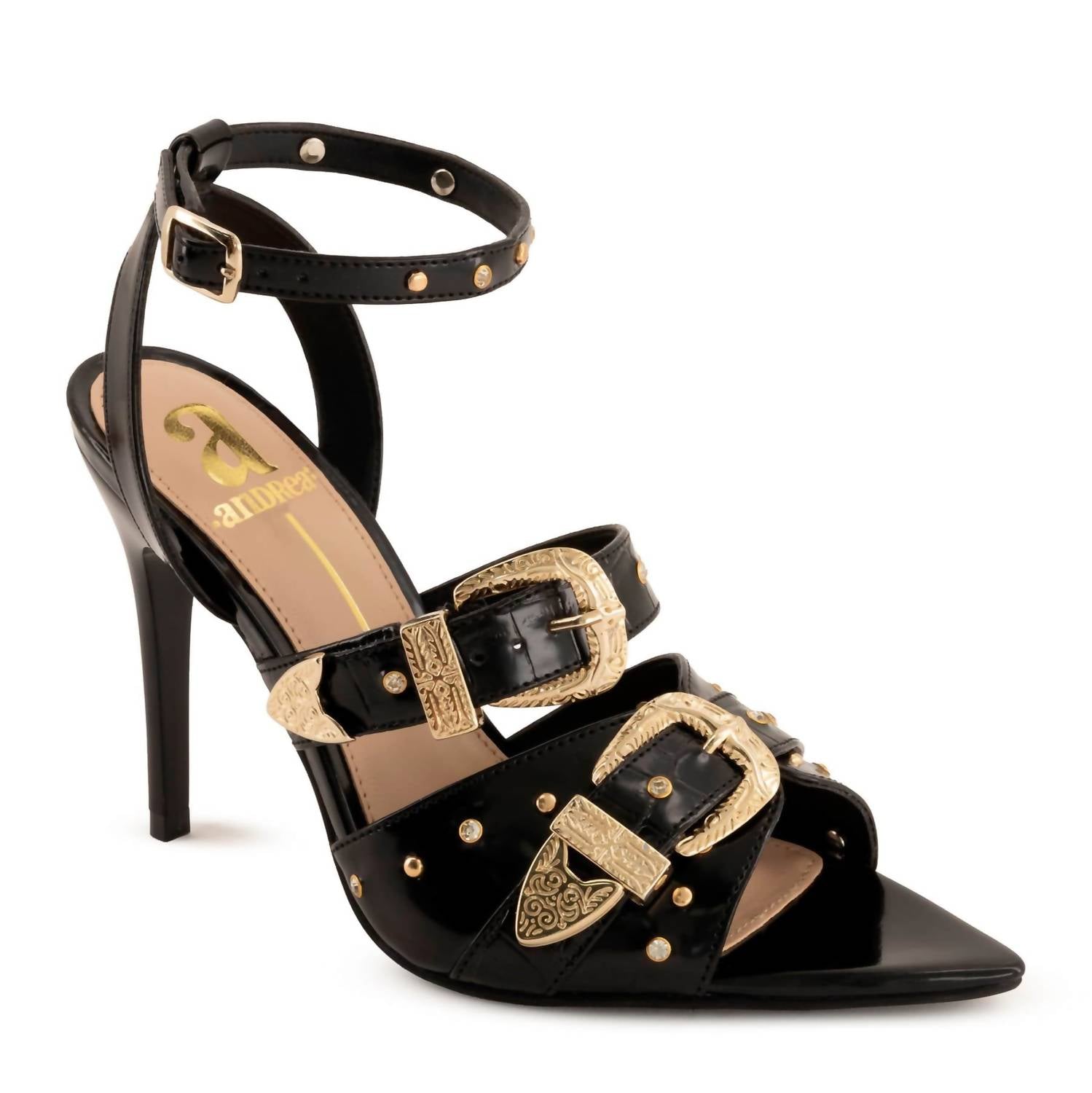 Andrea Women's Ornate Buckles And Studs Sandal in black - women's sandal