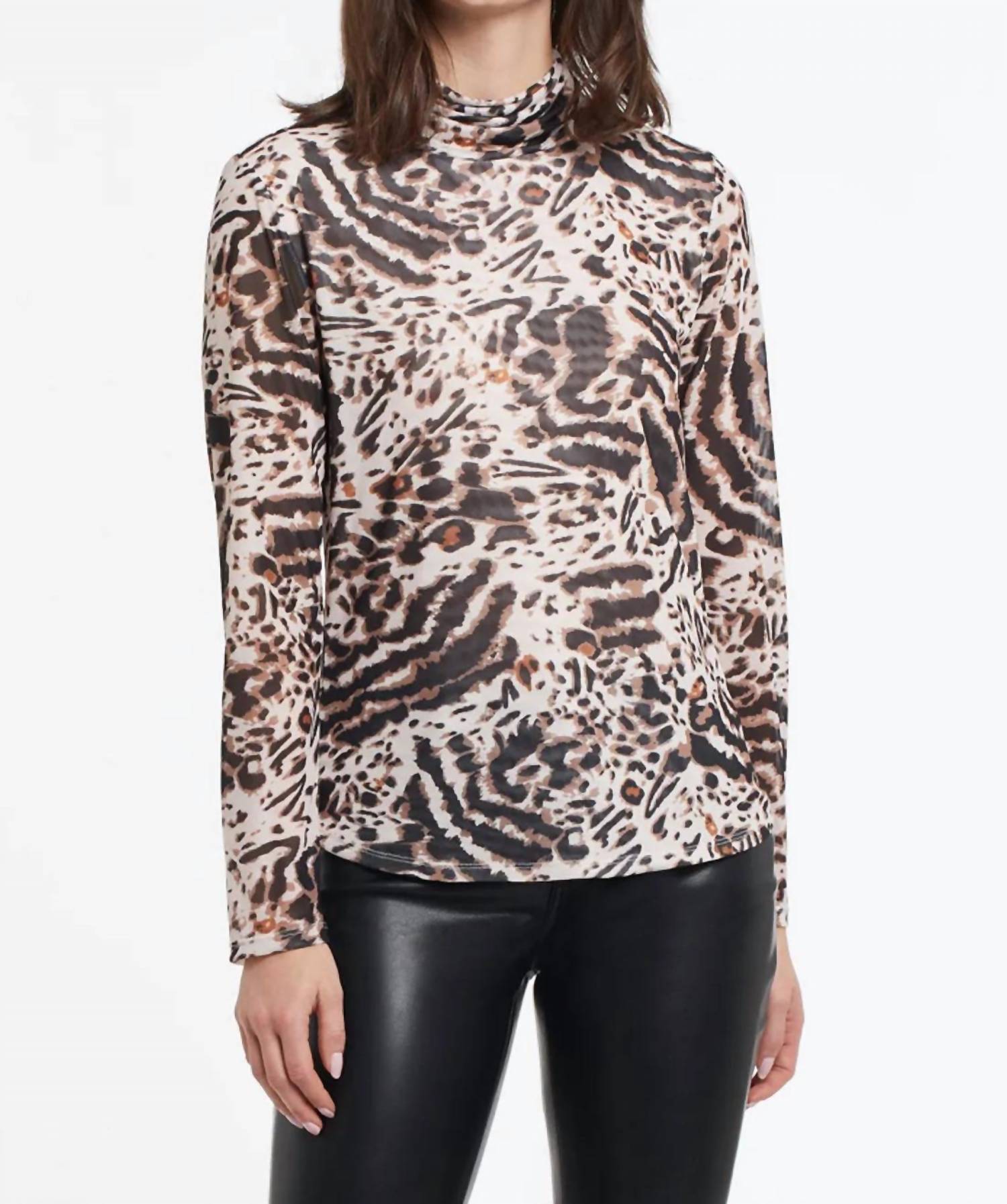 Tribal - Sierra Lightweight Animal Print Mesh Turtleneck Top - Plus