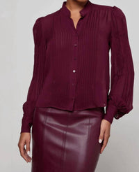 L'Agence Noor Mandarin Pleated Blouse in dark port - women's blouse