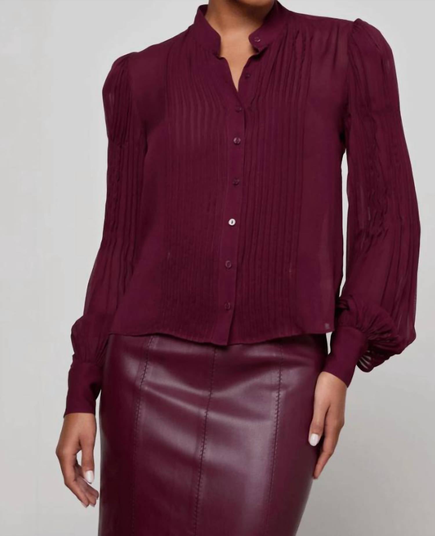 L'Agence Noor Mandarin Pleated Blouse in dark port - women's blouse