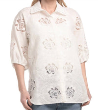Elie Tahari - FRONT BUTTON FLORAL EMBROIDERED BLOUSE