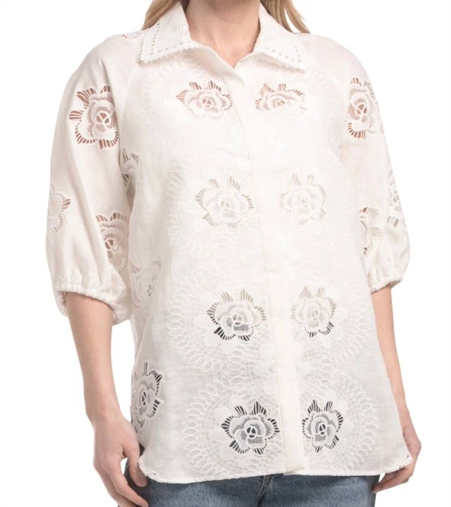 Elie Tahari - FRONT BUTTON FLORAL EMBROIDERED BLOUSE