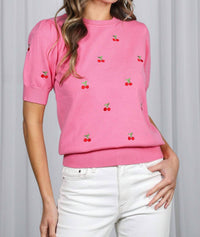 Vine & Love Cherry Embroidered Crew Neck Knitted Sweater in pink - women's sweater - alternate view
