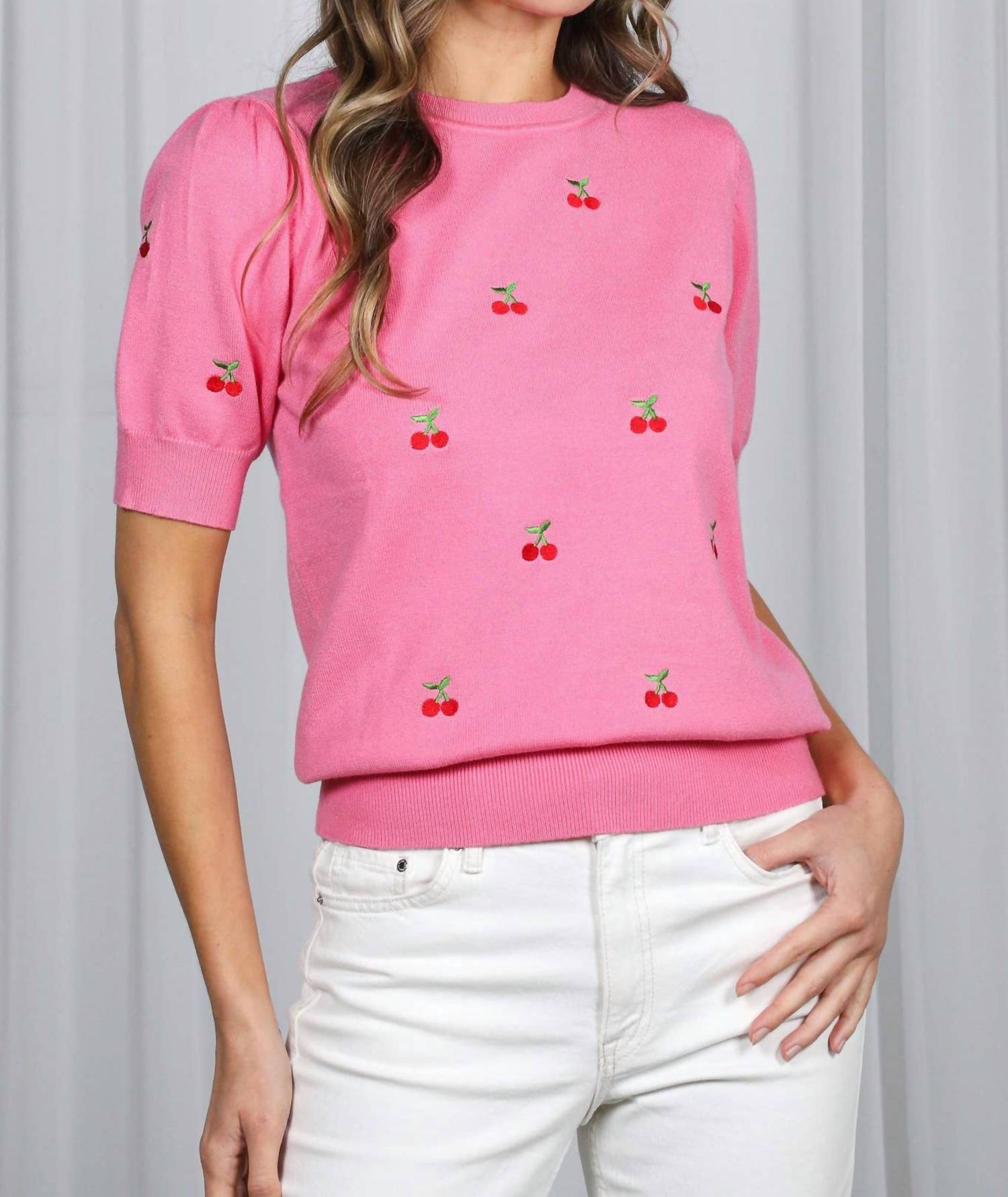 Vine & Love Cherry Embroidered Crew Neck Knitted Sweater in pink - women's sweater - alternate view