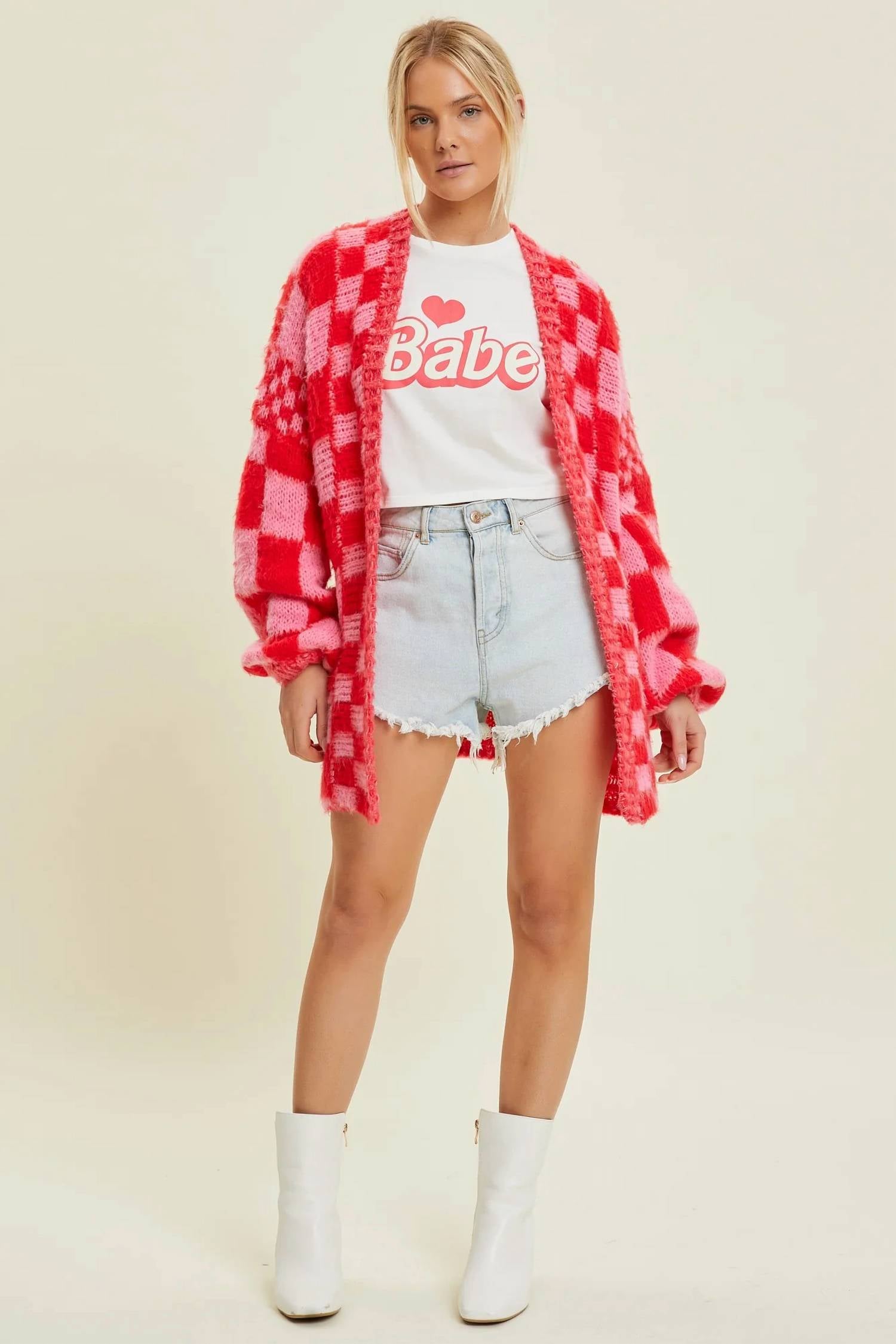 Baevely By Wellmade - Myla Checkered Print Oversized Cardigan