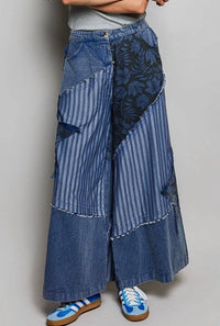 POL Bohemian Stripe Star Patchwork Pants in blue - women's jeans - detail view