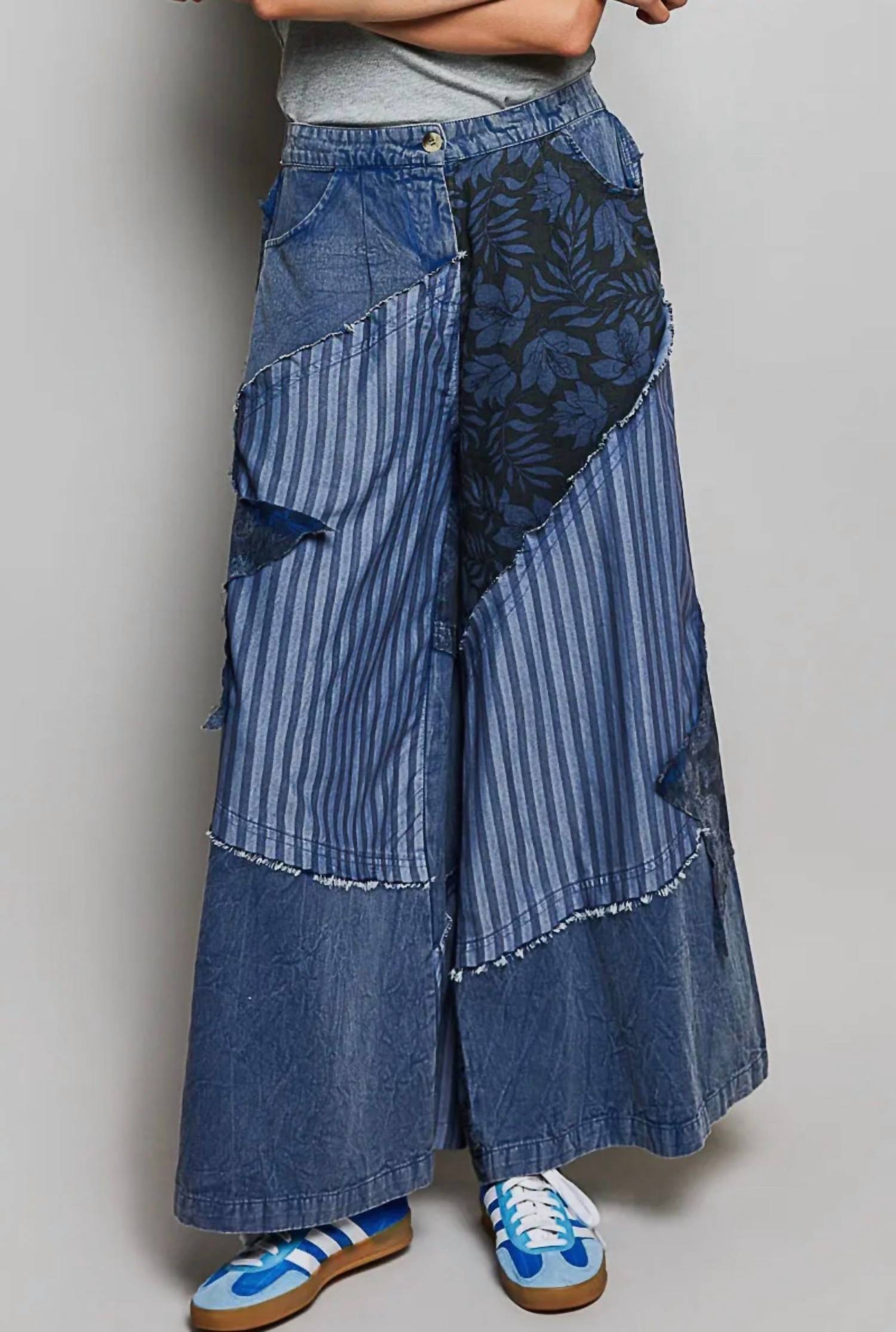 POL Bohemian Stripe Star Patchwork Pants in blue - women's jeans - detail view