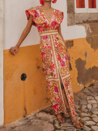 Rosa Clothing - Flutter Sleeve Print Maxi Dress