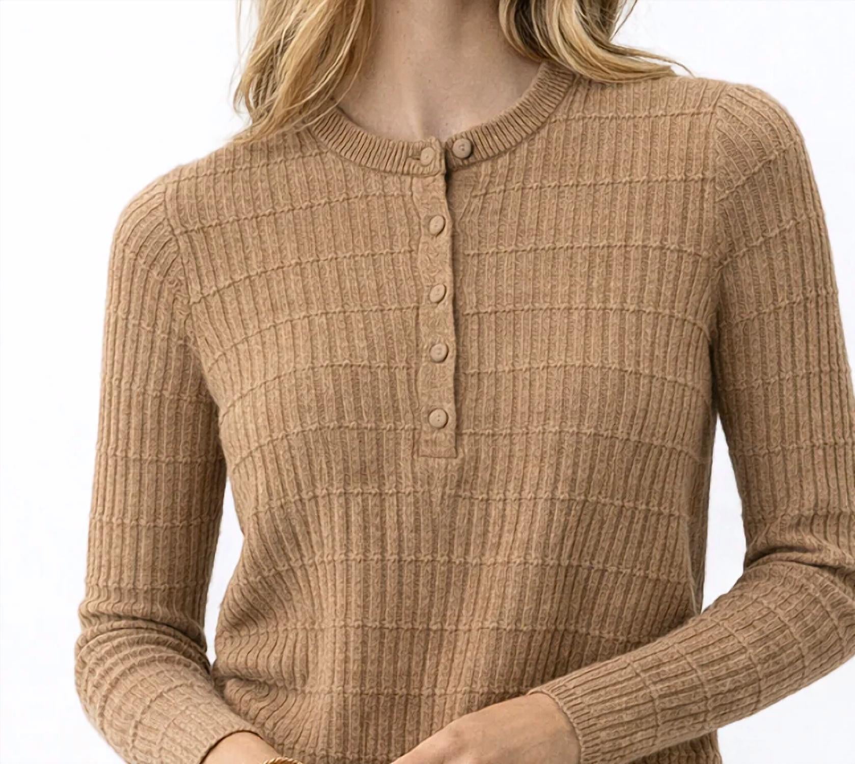 White + Warren Cashmere Textured Henley Sweater in taupe heather - women's sweater - detail view
