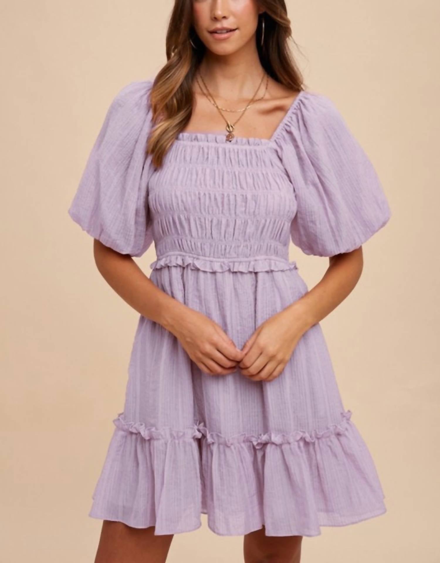 Anniewear - Smocking Bodice Elastic Tiered Mini Dress