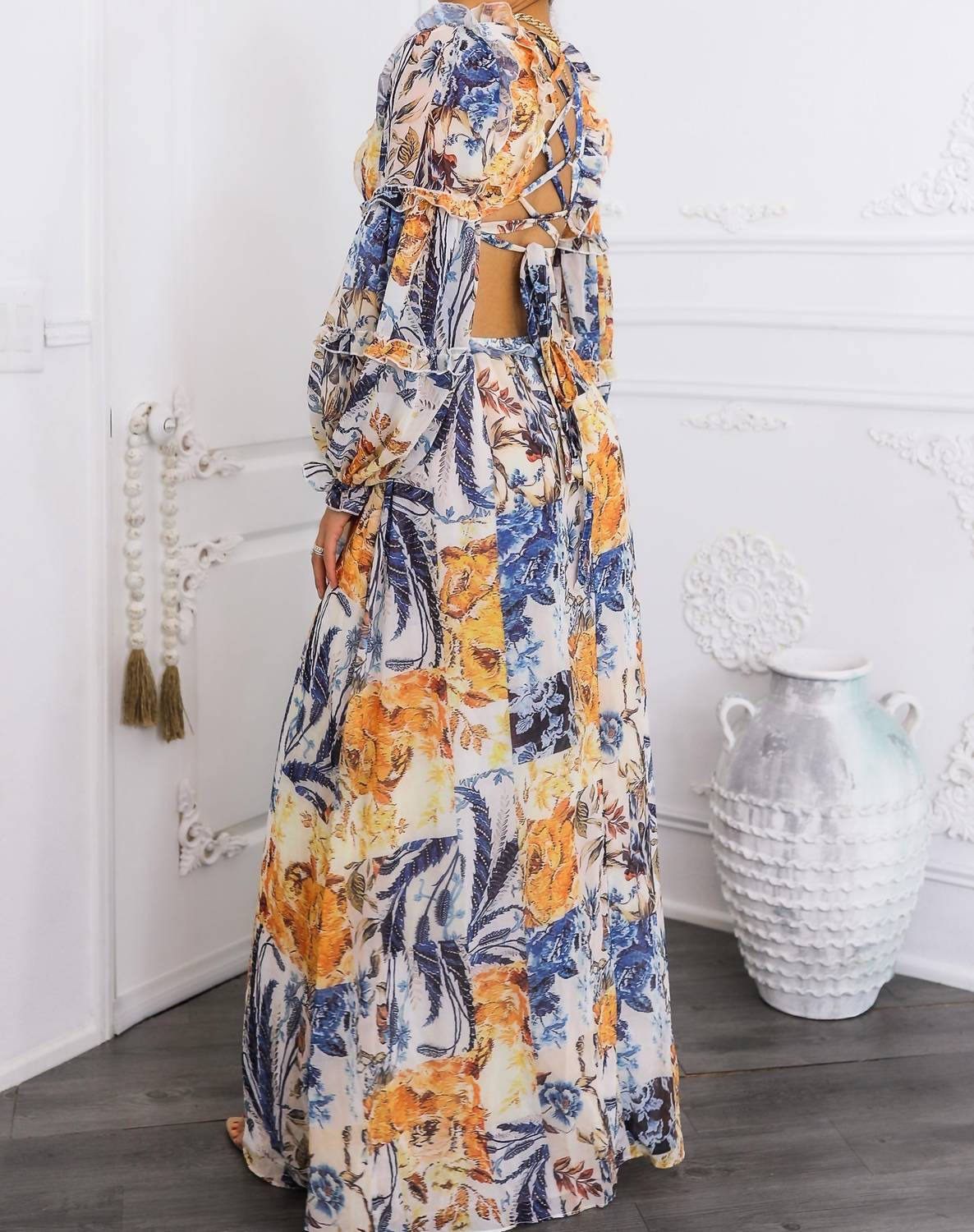SurelyMine Boho Floral Cutout Lace-up Maxi Dress in cream - women's dress - view 4