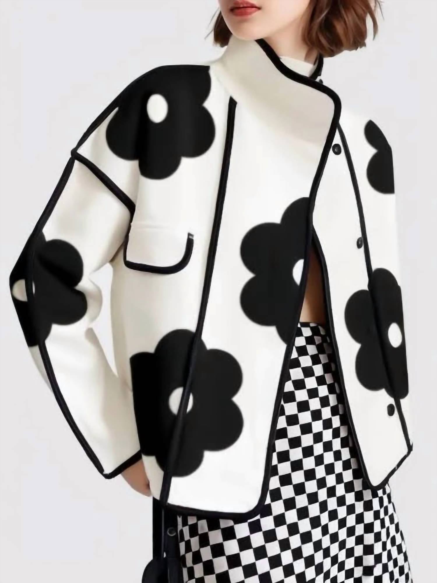 Uoozee - Long Sleeve Loose Split Joint Flower Print Jacket