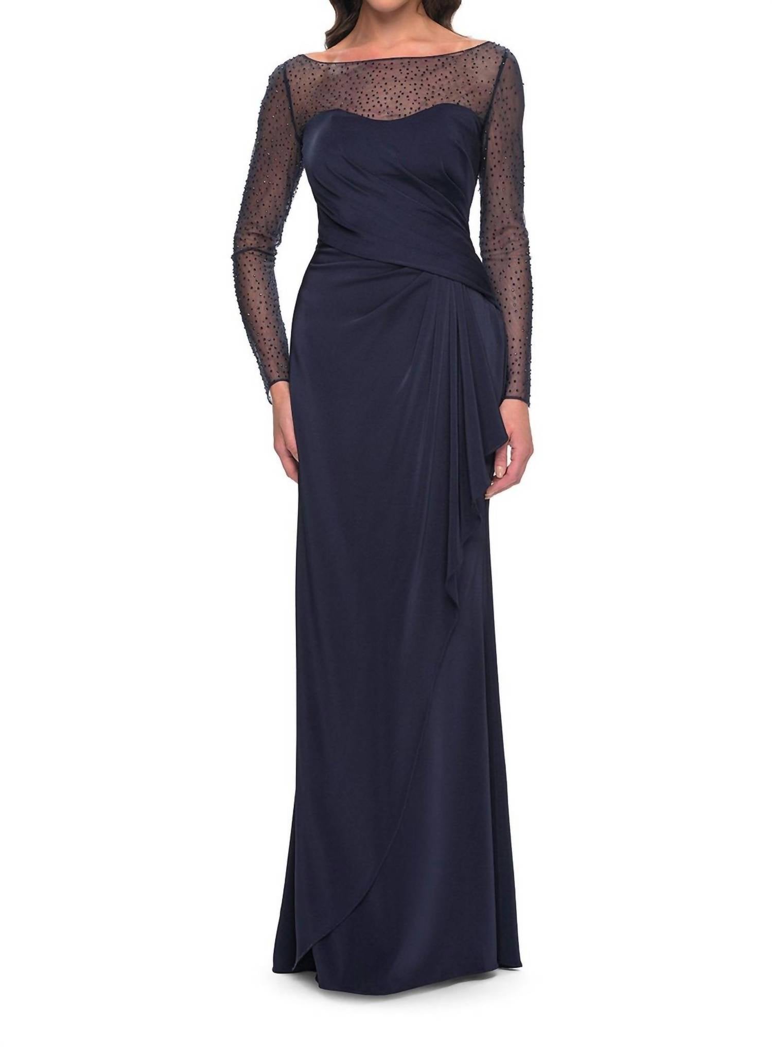 La Femme Bateau Neck Drape Satin Dress in navy - women's dress
