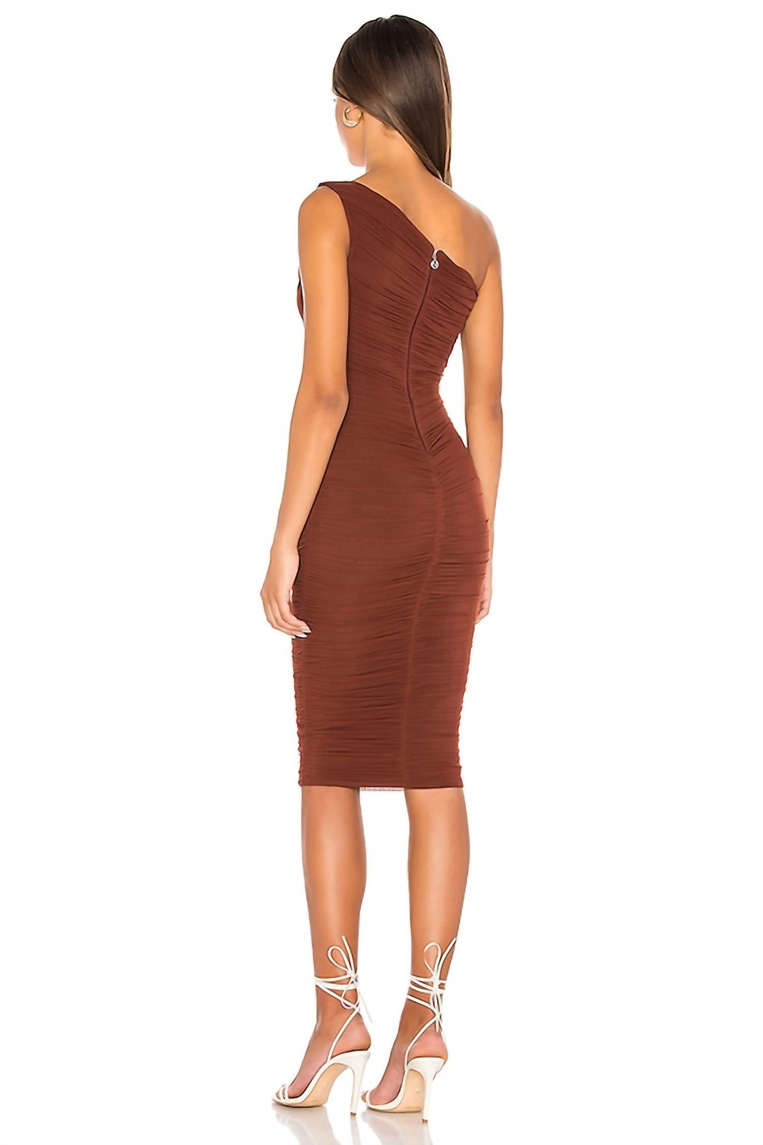NOOKIE Inspire One Shoulder Midi Dress in chocolate - women's dress - detail view