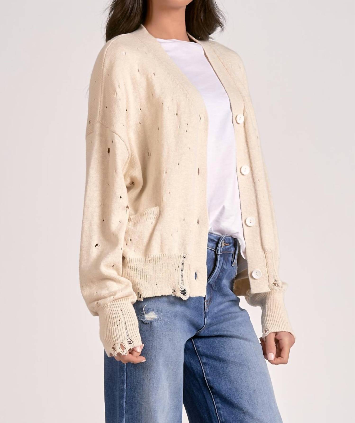 ELAN Distressed Button Down Cardigan in off white - women's cardigan