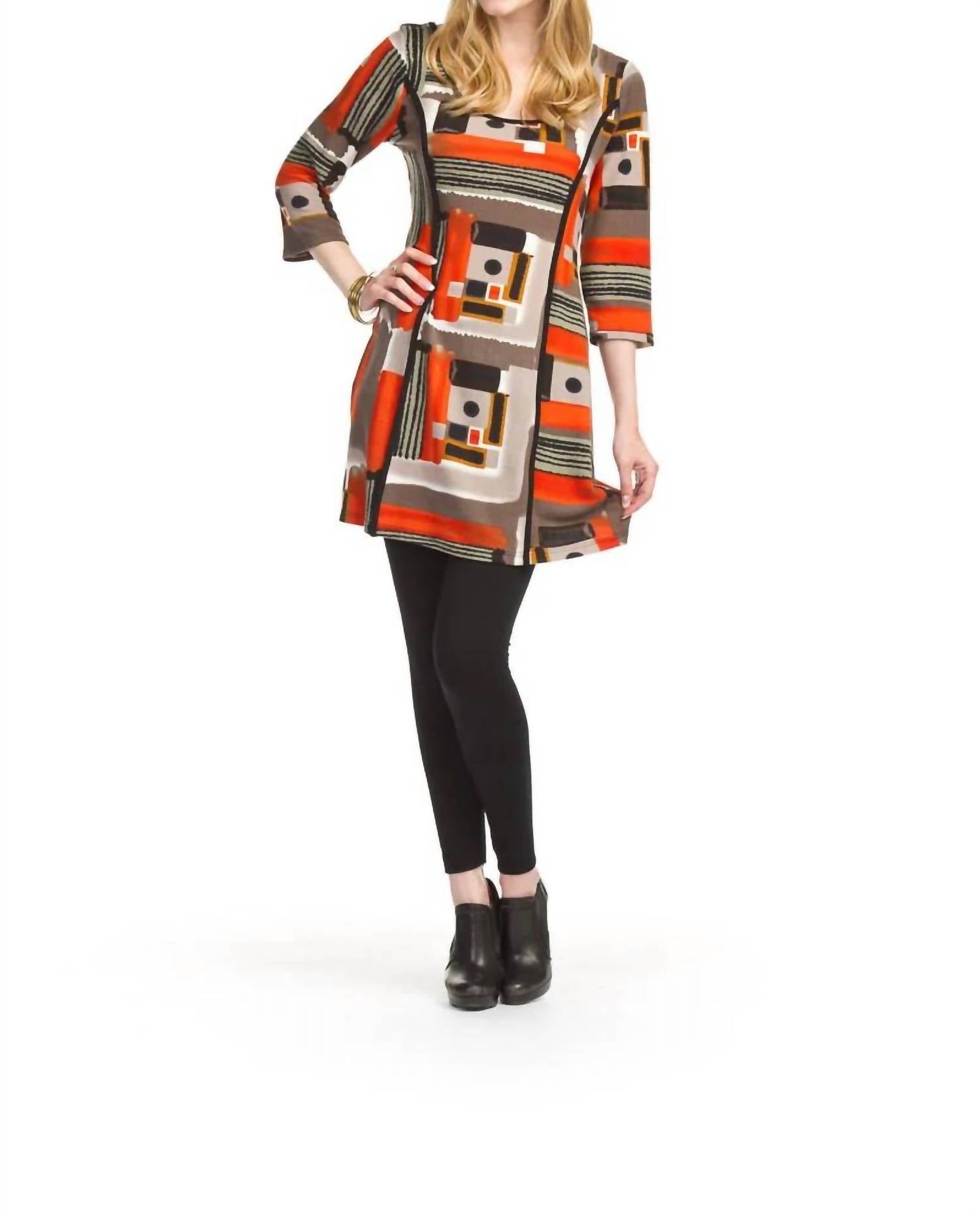 Papillon - Geometric Block Print 3/4 Sleeve Panel Dress