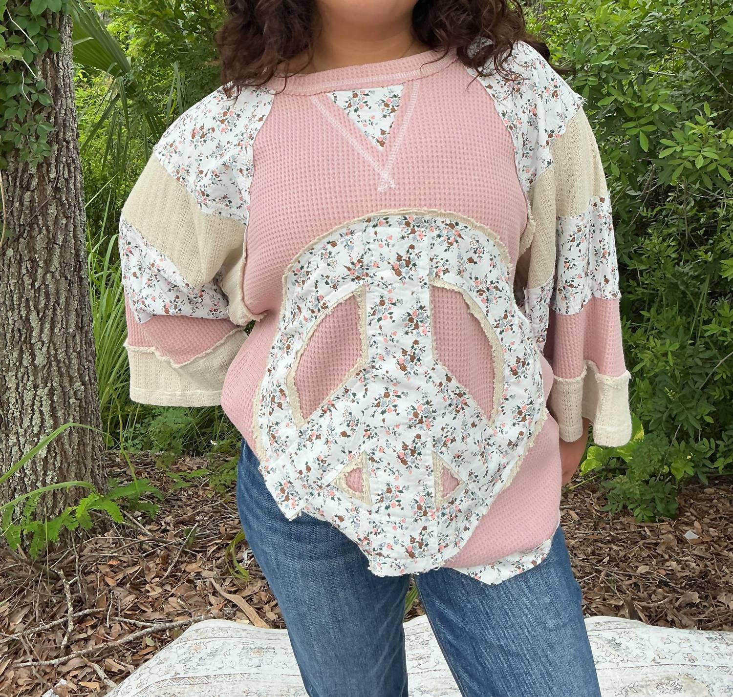 Pol - Peace Long Sleeve Patchwork Top