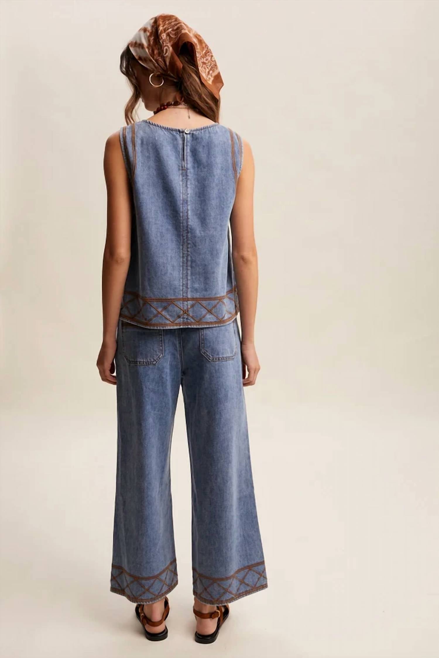Listicle - Embroidered Denim Tank & Wide Leg Pant Set
