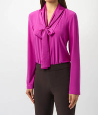 Joseph Ribkoff Pussy Bow V-neck Long Sleeve Tunic Top in cosmos purple - women's blouse - detail view