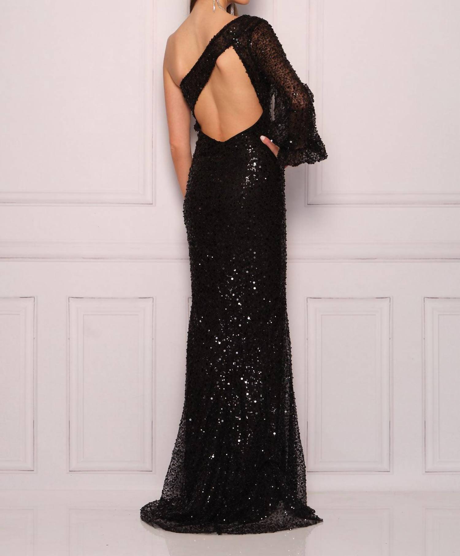 Dave & Johnny - One Shoulder Long Sleeve Prom Dress - black - clothing - dresses