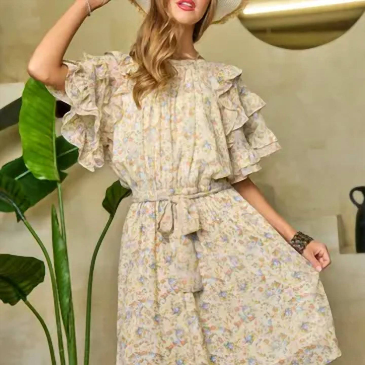 Davi & Dani - Floral Ruffled Sleeve Mini Dress
