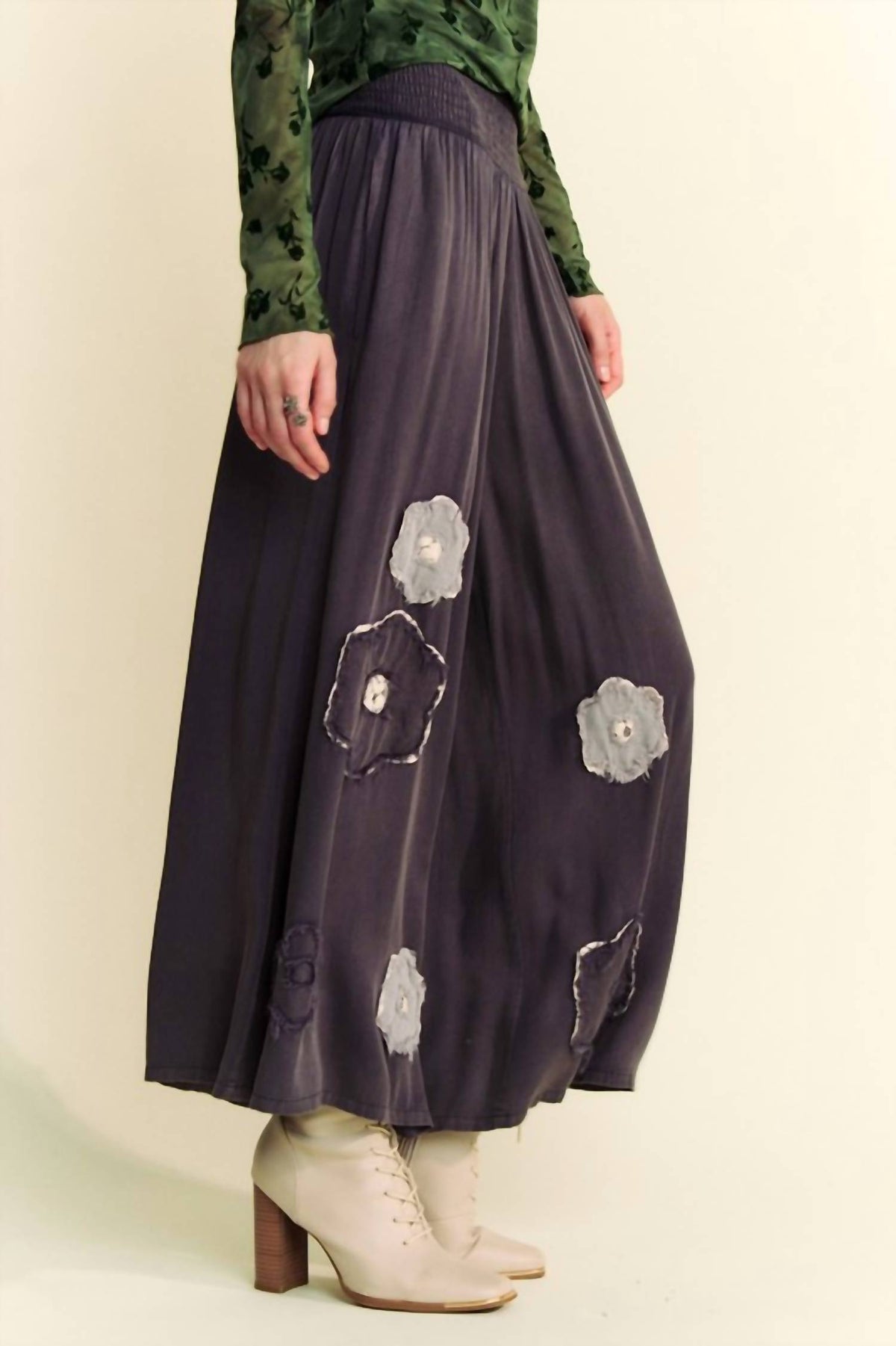 Davi & Dani - Garment Washed Floral Patch Wide Pants