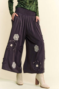 Davi & Dani - Garment Washed Floral Patch Wide Pants