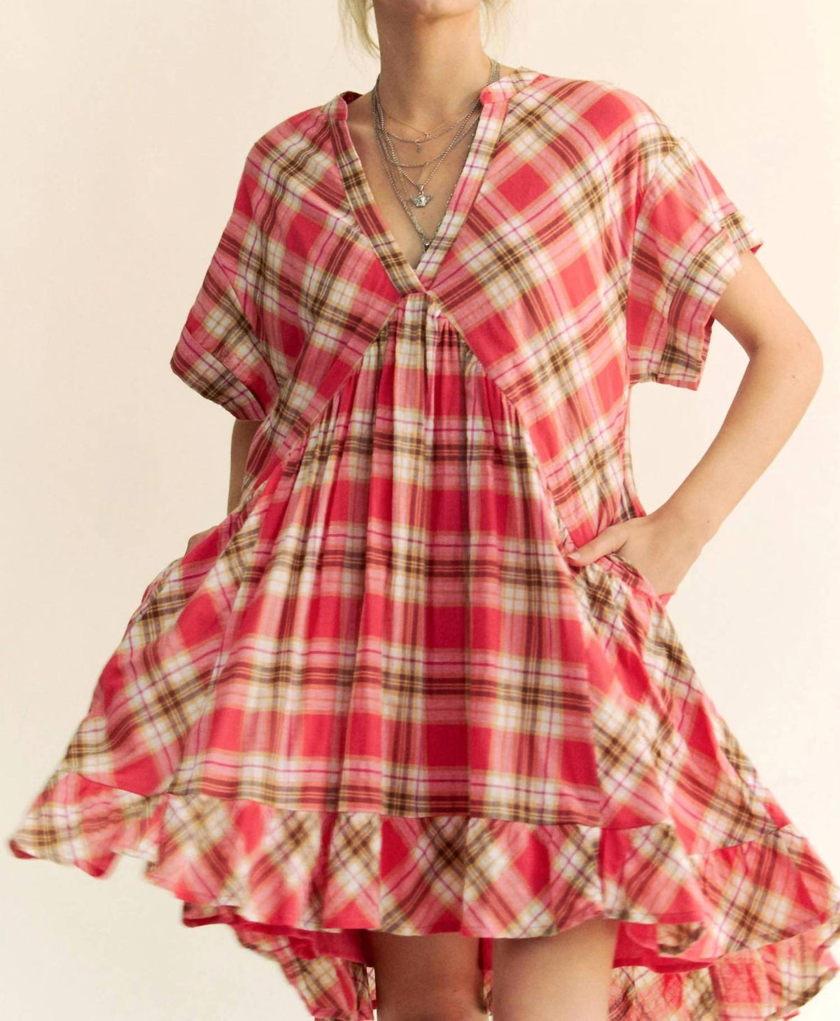 Davi & Dani - Lightweight V-neck Drop Shoulder Tunic Dress