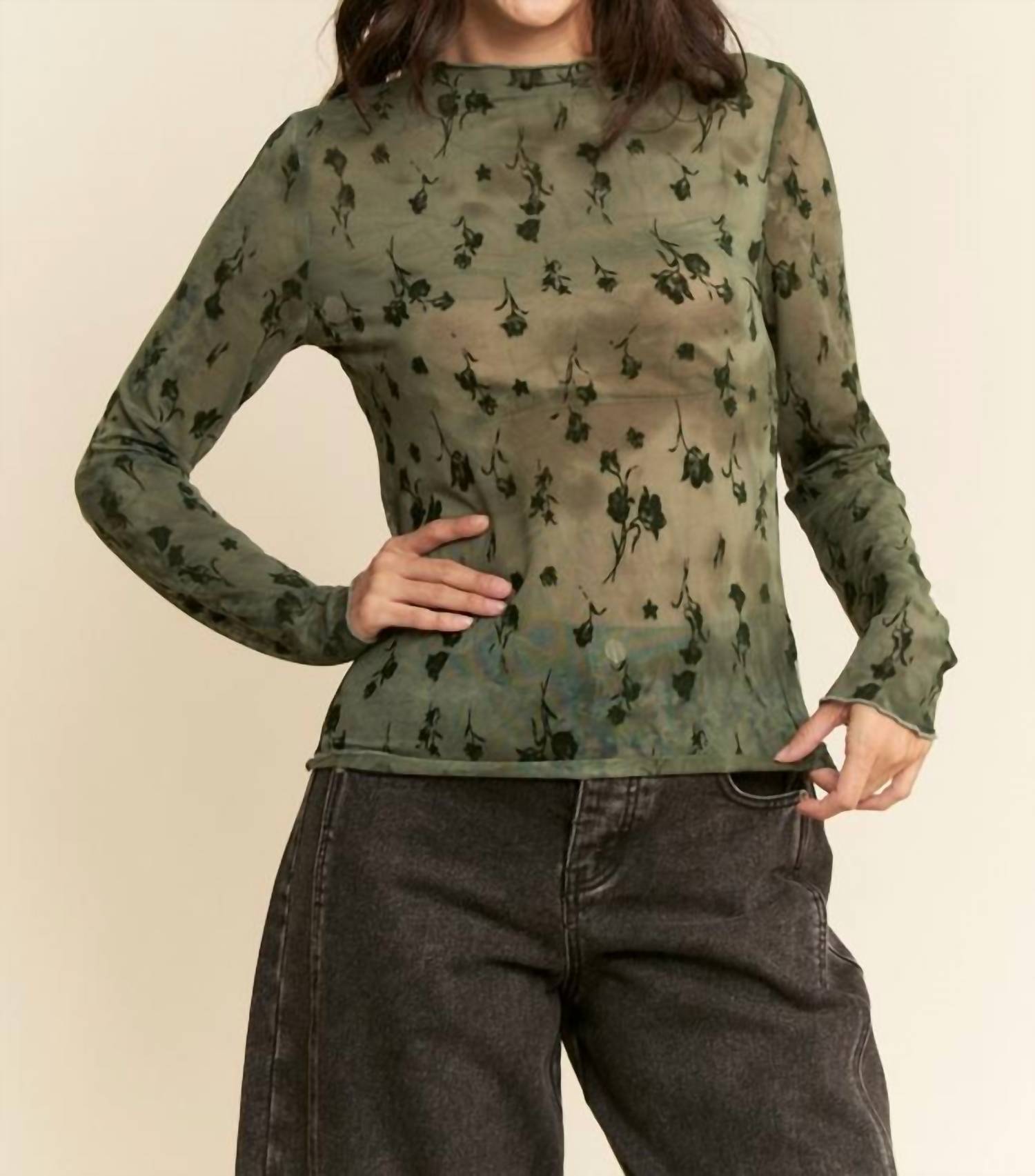 Davi & Dani - Mesh Long Sleeve Layering Top - blouses - clothing - floral