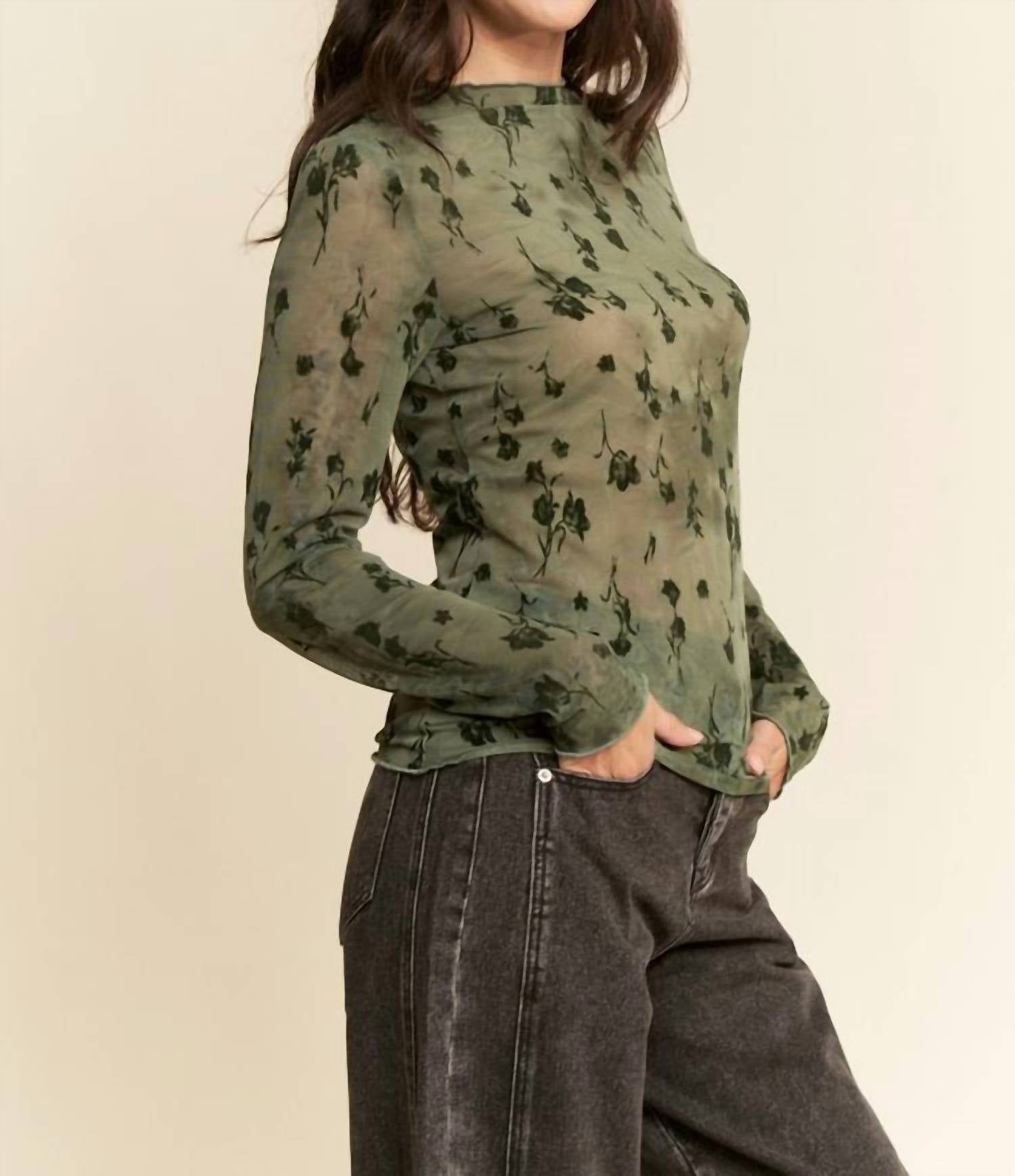 Davi & Dani - Mesh Long Sleeve Layering Top - blouses - clothing - floral