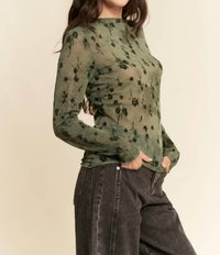 Davi & Dani - Mesh Long Sleeve Layering Top - blouses - clothing - floral